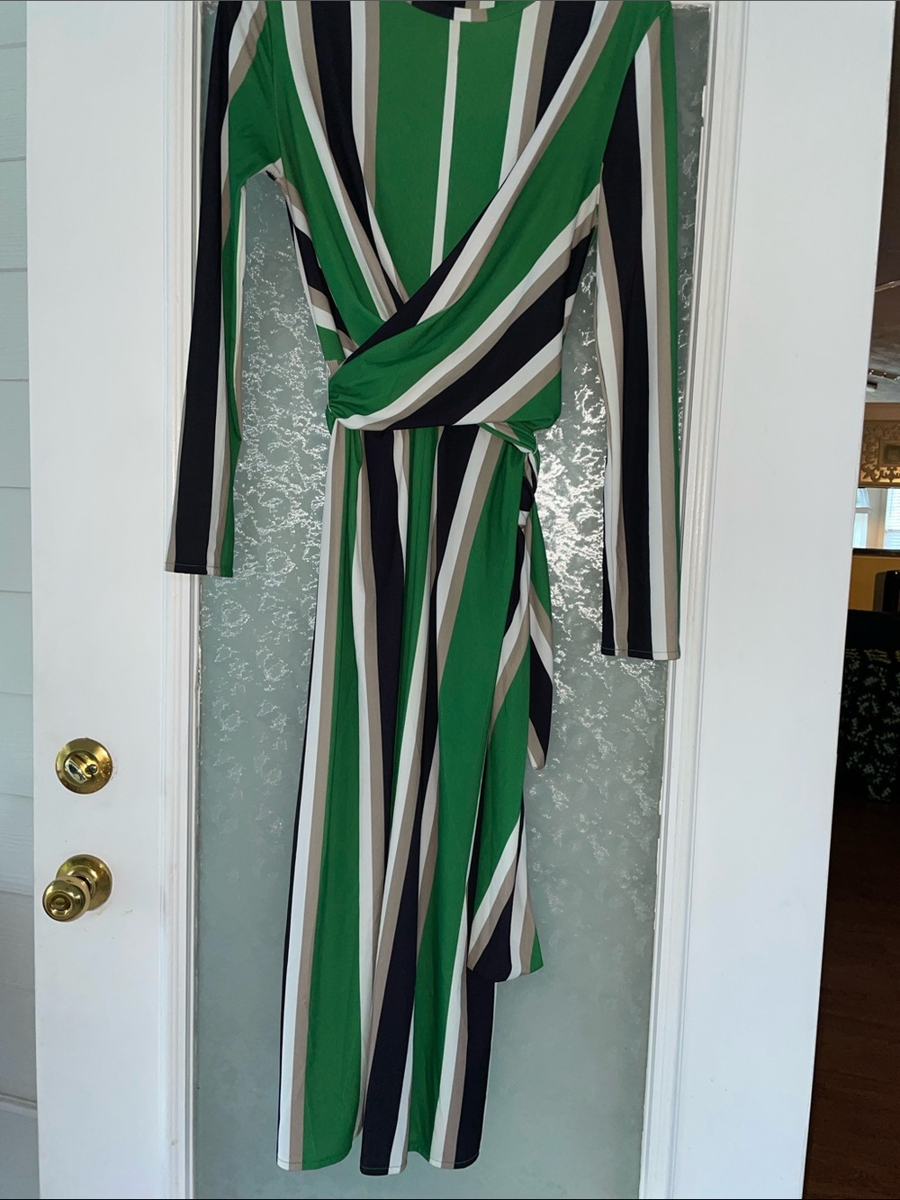 Zara Green, Black & White Striped Long Sleeve Wrap Dress